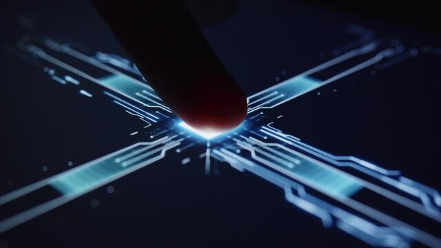 Digital Processing 3d render motion animation of fingerprint scanning. Human activating futuristic user interface app, interacting cyber security options and displaying fingerprint chip personal data