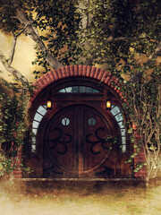 Wooden door to a small fantasy cottage hidden among green trees. 3D render. 