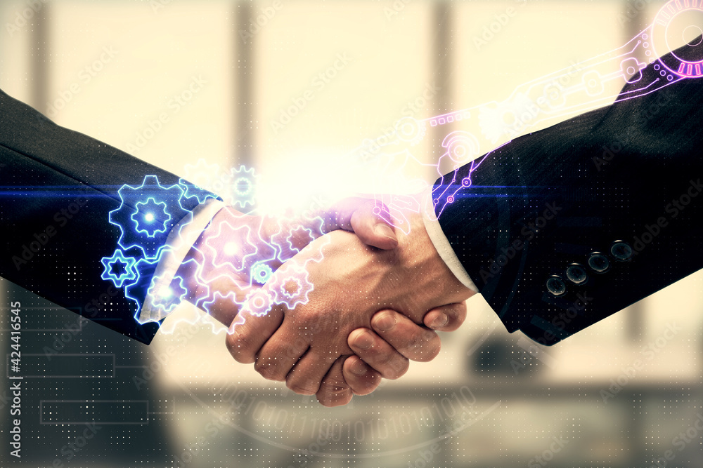 Wall mural double exposure of data theme hologram and handshake of two men. partnership in it industry concept.