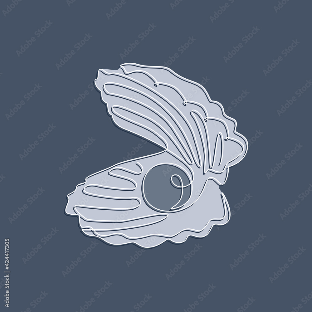 Poster Open seashell with pearl. Continuous one line drawing of an oyster mollusk. Modern minimalist badge icon or logo with texture effect. Vector abstract illustration