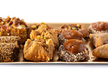 Assortment of Ramadan dessert baklava isolated on white background
