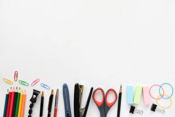 School supplies, stationery on white background.