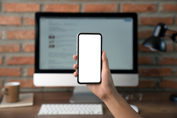 hand showing phone white screen space for app design