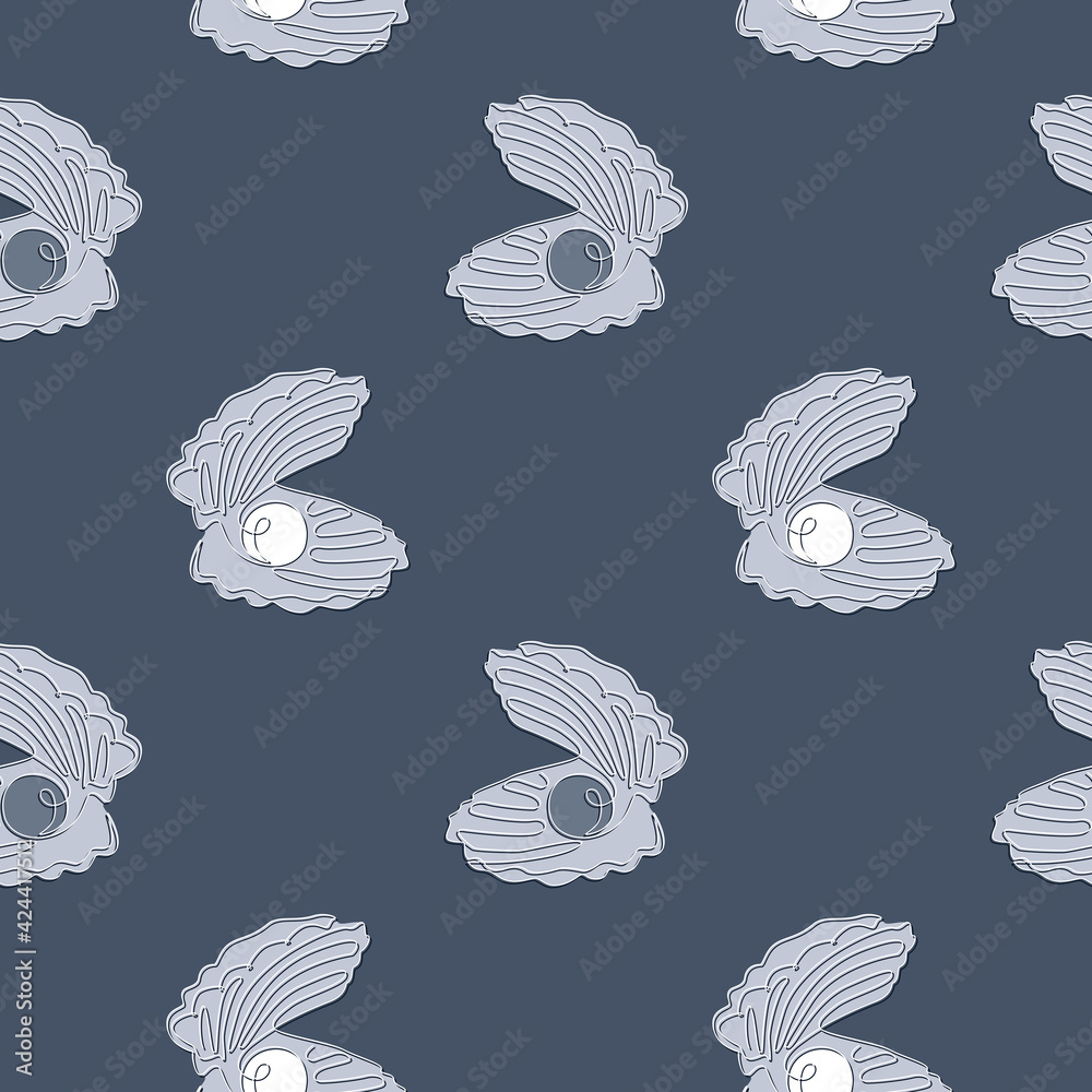 Poster Open Seashell with Pearl seamless pattern in line art. Continuous one line drawing Oyster and Jewel in blue background. Vector illustration
