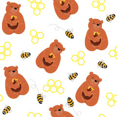 Scandinavian seamless flat background with cute bears with honey, bees and honeycombs. Pattern, flyer, congratulation, invitation, poster, banner, card, web, packaging, paper, textile