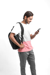 Indian college student using smartphone on white background.
