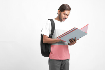 College Boy holding with file in hand on white background.