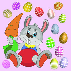 Graphic image of Easter eggs and a bunny on a light background. Vector image.