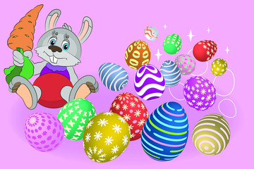 Graphic image of Easter eggs and a bunny on a light background. Vector image.