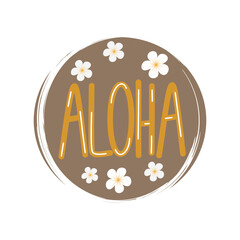 Cute logo or icon vector with aloha text and hibiscus flowers , illustration on circle with brush texture, for social media story and highlights © Alice Vacca
