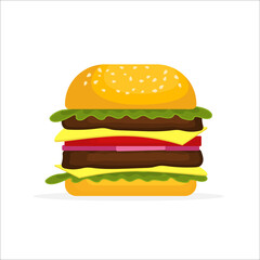 Burger in cartoon style. Closeup for promotion design. Abstract background. Logo design. Fast food.