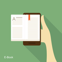 ebook in mobile concept with books on smartphone screen. Hand-hold smartphone, finger touches the screen. Modern concept for web banners, web sites.