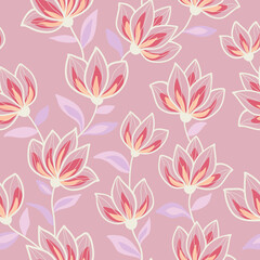 Fantasy colorful flowers with light purple leaves on a pink background. Seamless floral doodle pattern. Suitable for textile, packaging, wallpaper.