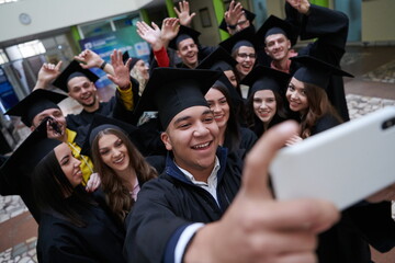 group of happy international students in mortar boards and bachelor gowns with diplomas taking selfie by smartphone