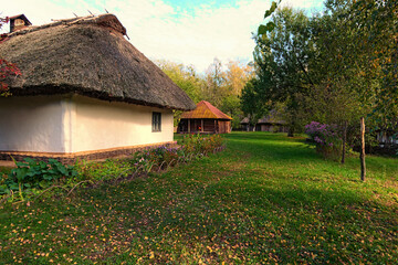 Fototapeta na wymiar Reconstruction of an ancient clay house with thatched roof front yard with outbuildings. Concept of historical buildings in ancient Ukraine. Sunny day