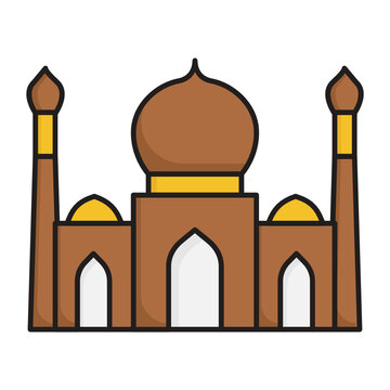 Masjid Place of worship Vector color Icon Design, Arab culture and traditions Symbol, Islamic and Muslim fasting Sign, Mosque front view with cloud Concept,  Ramadan and Eid al Fitr stock illustration