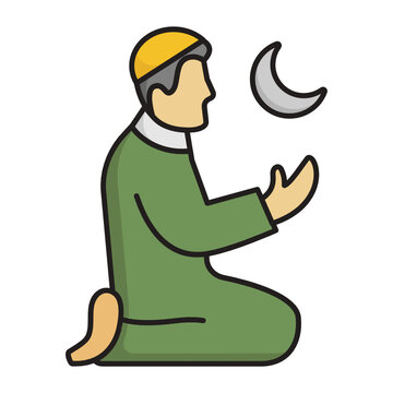 Moon and Star Praise the God, Offering Prayer or Dua Gesture Concept, Eid ul Fitr Vector color Icon Design, Arab culture and traditions Symbol, Ramadan and Muslim fasting Sign,