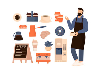 Flat character coffee shop barista. Vector illustration flat design. Vector infographic illustration. Cartoon male barista or waiter standing near menu board.