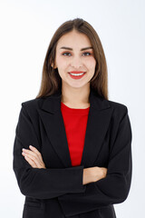 Portrait of cute mature businesswoman wearing black suit posing in professional confident with arms crossed, studio shot isolated on white background with copy space