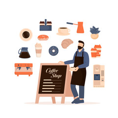 Flat character coffee shop barista. Vector illustration flat design. Vector infographic illustration. Cartoon male barista or waiter standing near menu board.
