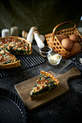 Delicious Homemade cheesy spinach quiche pie.
