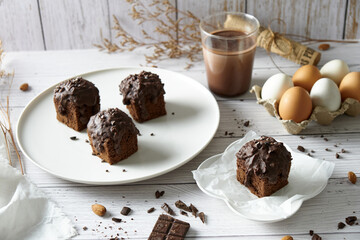 Chocolate Cube pound cake set on cafe table.