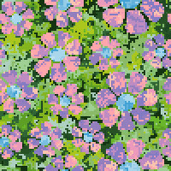 Fototapeta na wymiar Seamless pixel female camouflage. Blue-lilac flowers on a green background.