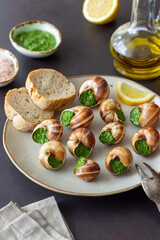 Escargots de Bourgogne. Snails with herbs butter. Healty eating. French food.