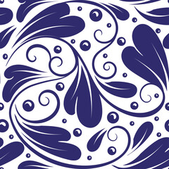 Blue and white leaves seamless pattern. Vintage vector ornament template. Paisley elements. Great for fabric, invitation, background, wallpaper, decoration, packaging or any desired idea.