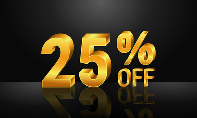 25% off 3d gold on dark black background, Special Offer 25% off, Sales Up to 25 Percent, big deals, perfect for flyers, banners, advertisements, stickers, offer icons, etc.