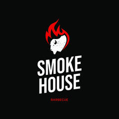 Smoke House Logo Label Graphic Design with Flat Illustration of Bison Head and Flame for Barbeque Restaurant Industry Vector Template Ideas