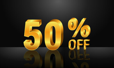 50% off 3d gold on dark black background, Special Offer 50% off, Sales Up to 50 Percent, big deals, perfect for flyers, banners, advertisements, stickers, offer icons, etc.