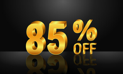 85% off 3d gold on dark black background, Special Offer 85% off, Sales Up to 85 Percent, big deals, perfect for flyers, banners, advertisements, stickers, offer icons, etc.