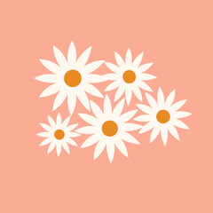 The camomile plant icon. Lots of daisies. Natural floral element of the design of postcards, posters, greetings. Isolated on a light background. Doodle vector illustration