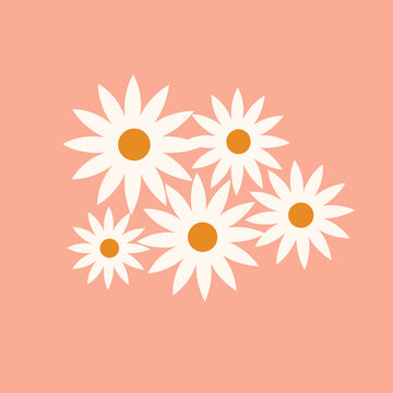 The camomile plant icon. Lots of daisies. Natural floral element of the design of postcards, posters, greetings. Isolated on a light background. Doodle vector illustration
