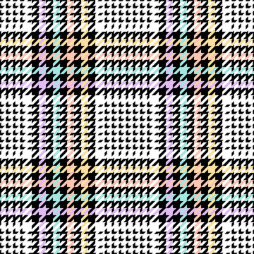 Plaid pattern glen in black, pastel purple, green, yellow, white. Seamless colorful tweed check houndstooth graphic for jacket, coat, skirt, throw, other spring summer autumn fashion fabric design.