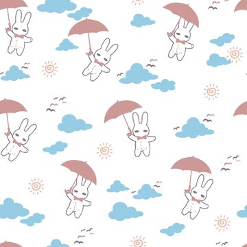 Cute Bunny and Flying Umbrella in the Sky Vector Graphic Seamless Pattern © F-lin