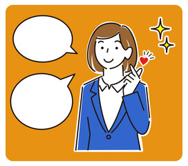 ジェンダーレススーツを着ている可愛い女子 笑顔でキュンですのポーズをしている女性のイラスト ベクター