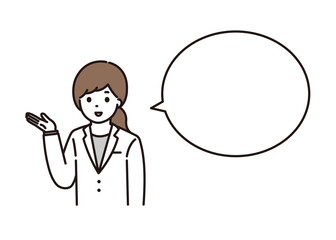 笑顔で説明をする女性薬剤師、女性医師のイラスト 吹き出し