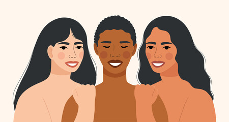 Portrait of beautiful women different nationalities and cultures. Happy International Women's Day. Different ethnicity women. Women friendship concept, movement to empower women. Vector illustration.