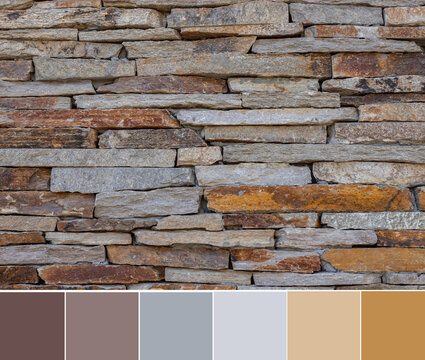 Fototapeta Color palette swatches of brown beige grey bricks wall as abstract pattern for combination of colors. Warm gamma of pastel ground tones, natural colorful inspiration for styling decoration and design 