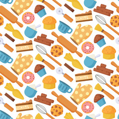Seamless pattern with pastry and baking tools. Kitchen items and sweets collection. Design for print, packaging, wallpaper, textil. Vector illustration.
