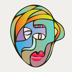 Abstract design of surreal face portrait. Hand-drawn face with a hint of cubism in funky colors. Concept art can be used for fashion, beauty treatment, health, and mental wellbeing.