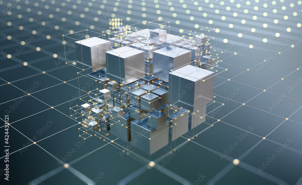 Poster Blockchain, big data, data processing, cloud database. Virtuality and AI. Information blocks, digital, financial, internet technologies. 3D illustration of decentralized blocks in one cluster