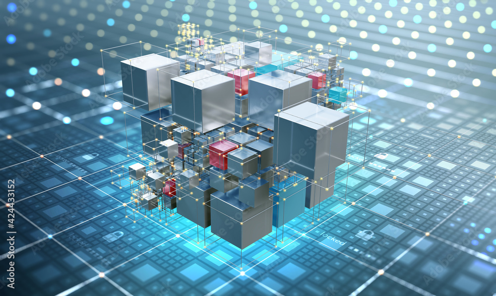 Poster Blockchain technology. Big data processing, fintech and digital innovation. Cyberspace concept of future. Information block and cryptocurrency. 3D illustration on nanotechnology background