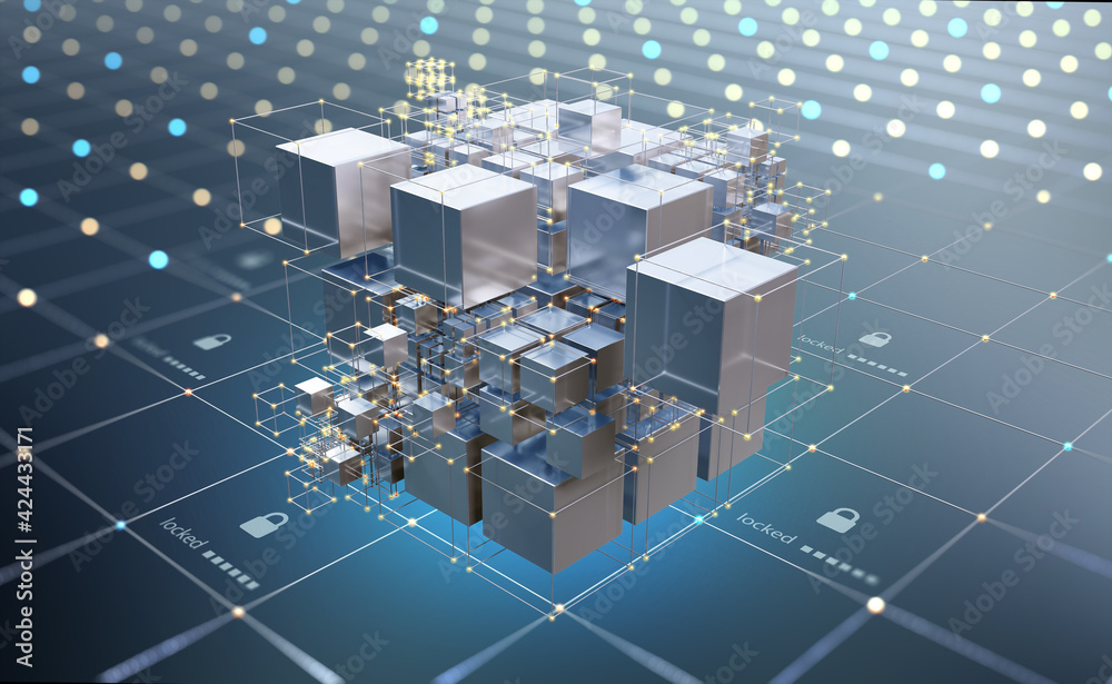Poster Blockchain technology. Big data processing, fintech and digital innovation. Cyberspace concept of future. Information block and cryptocurrency. 3D illustration on nanotechnology background