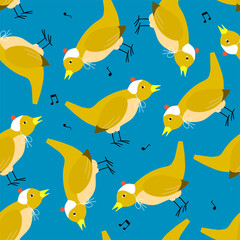 Cute minimalistic pattern with funny spring songbird - nightingle in  scandinavian style on bright blue background. Stylish  vector cartoon  design for textiles, wallpapers, designer paper, etc