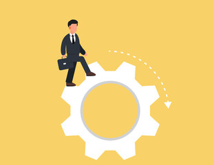 Businessman walk along gear mechanism. business goal achievement concept.