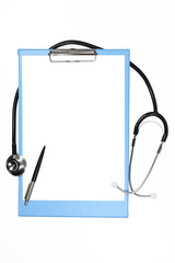 Blue medical clipboard with empty white paper sheet for design and text with pen and stethoscope. Close-up copy space isolated on white background.