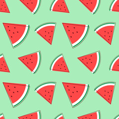 Vector summer seamless pattern with watermelon on green background. For paper, cover, fabric, gift wrap, interior.